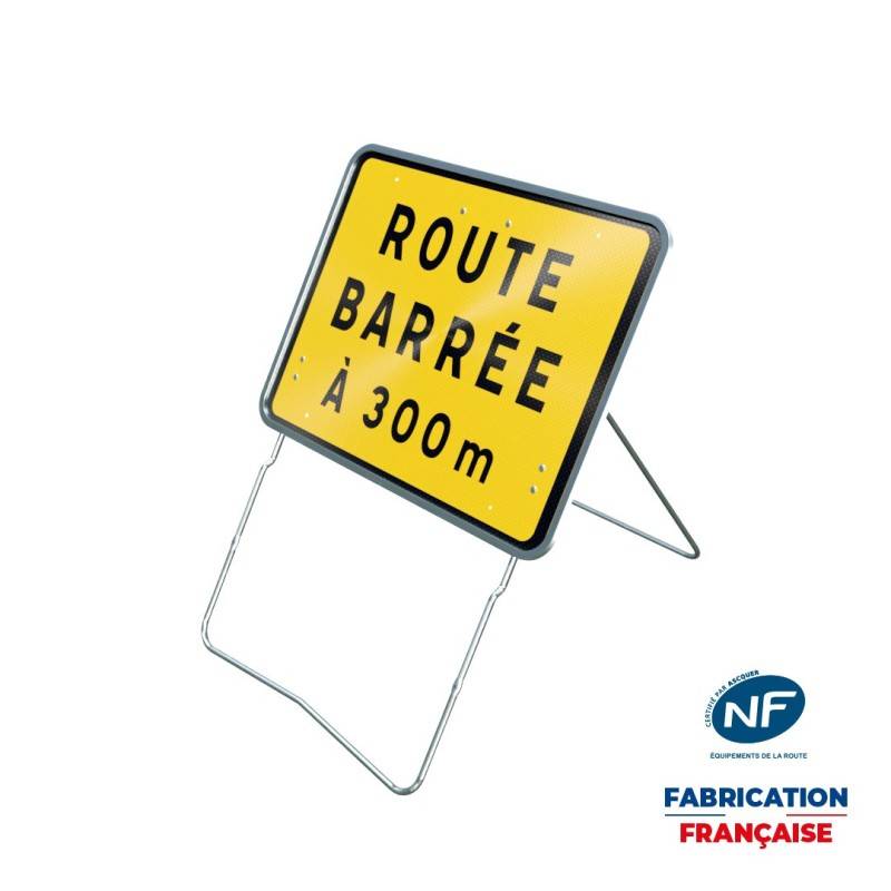 Panneau temporaire ROUTE BARREE 300 m sur pied incliné