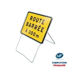 Panneau temporaire ROUTE BARREE 300 m sur pied incliné