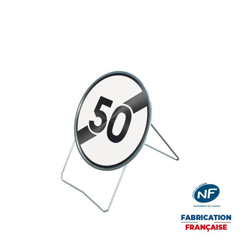 Panneau temporaire B33-50 Fin de limitation de vitesse à 50 km/h sur pied incliné Panneau temporaire B33-50 Fin de limitation de vitesse à 50 km/h sur pied incliné
