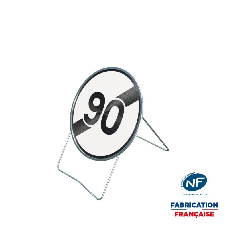 Panneau temporaire B33-90 Fin de limitation de vitesse à 90 km/h sur pied incliné Panneau temporaire B33-90 Fin de limitation de vitesse à 90 km/h sur pied incliné